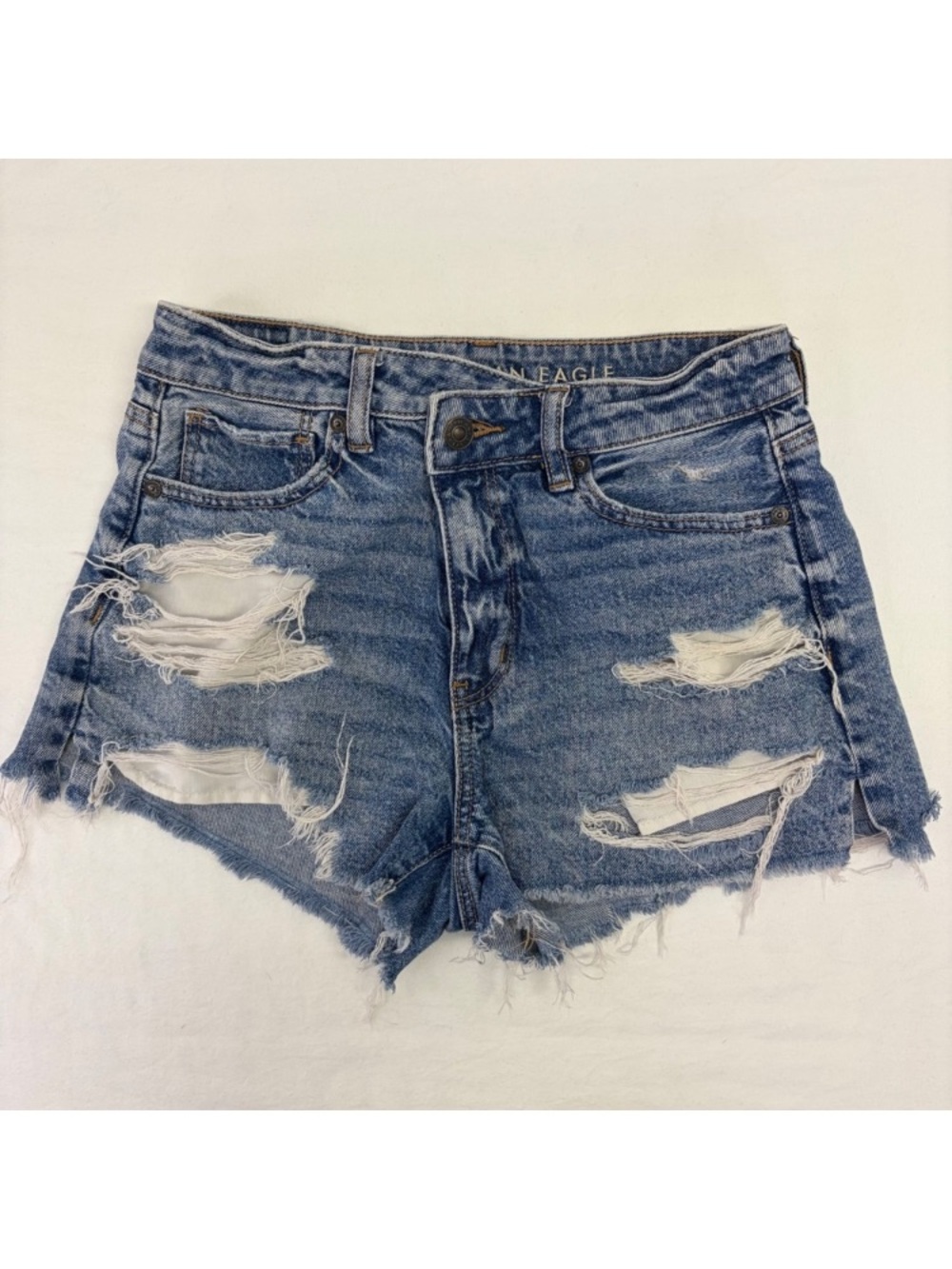 American Eagle Outfitters Ripped Mid-Blue Denim Cutoff Shorts